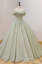Green A-Line Tulle Long Prom Dresses with Beaded, Off the Shoulder Evening Dresses