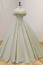 Green A-Line Tulle Long Prom Dresses with Beaded, Off the Shoulder Evening Dresses