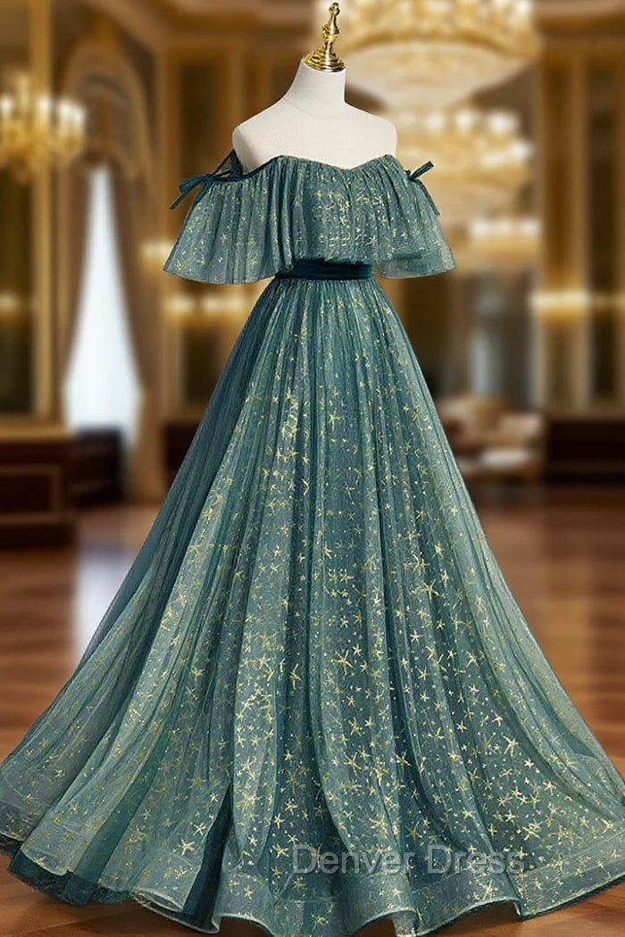 Green A line Tulle Long Prom Dresses, Green Graduation Dresses