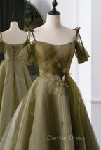 Green A-line Tulle Long Sweetheart Party Dresses, Green Tulle Prom Dresses