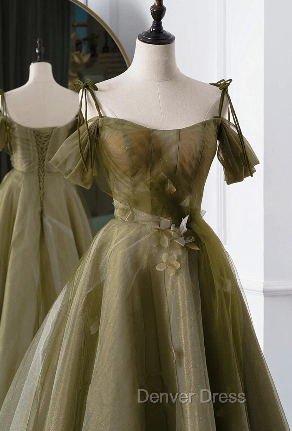 Green A-line Tulle Long Sweetheart Party Dresses, Green Tulle Prom Dresses