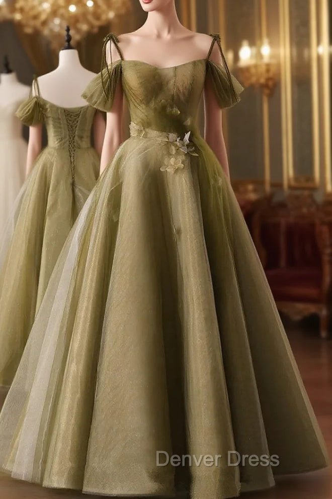 Green A Line Tulle Long Sweetheart Prom Dress, Green Tulle Prom Dresses