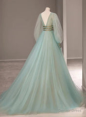 Green A-line Tulle New Prom Dress Long Sleeves Green Party Dress prom dresses shops