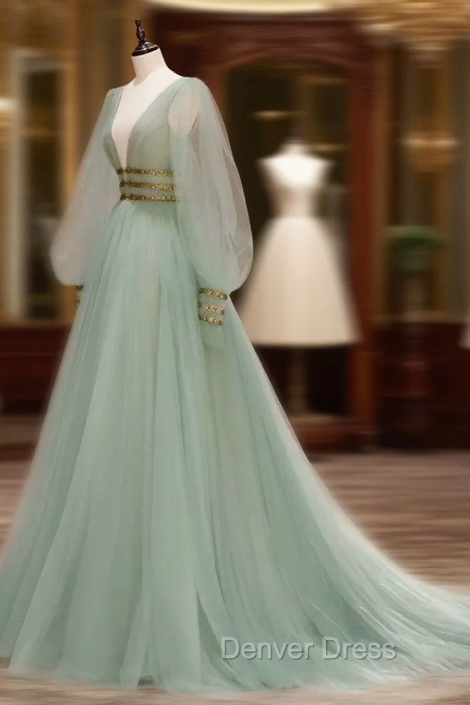 Green A-line Tulle New Prom Dresses Long Sleeves Green Party Dresses prom Dresses shops Main image