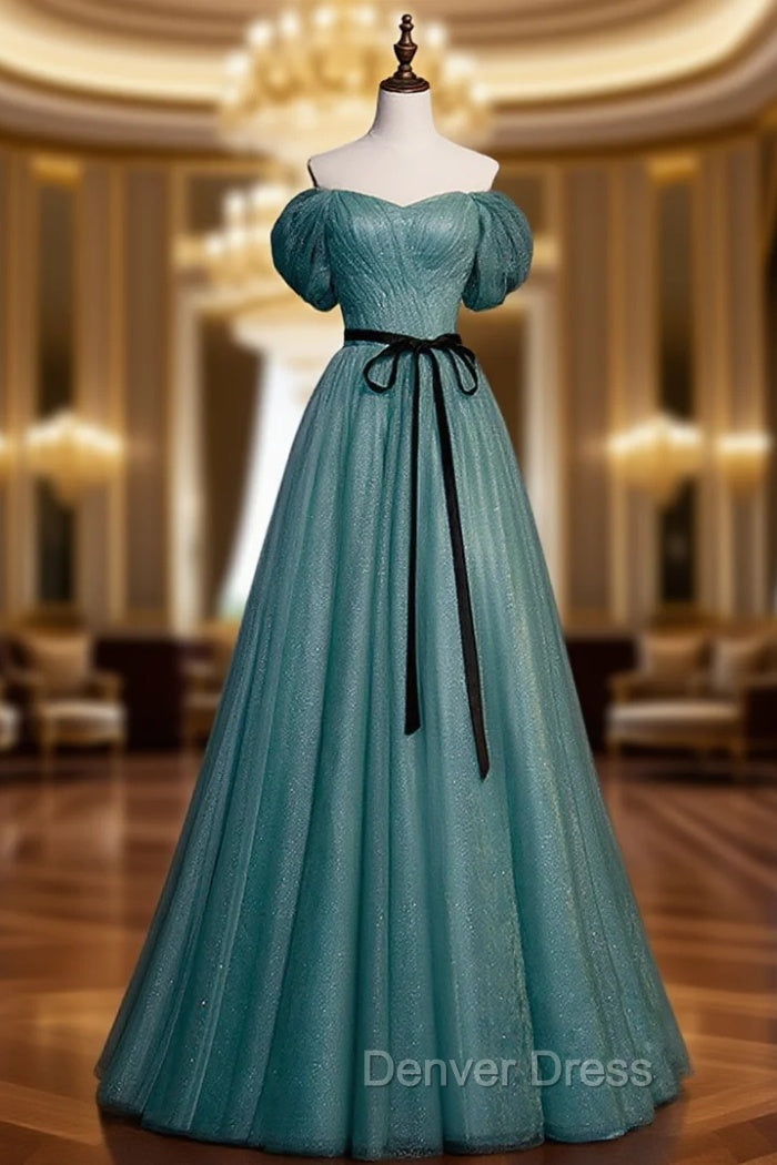 Green A line Tulle Sequin Long Prom Dresses, Green Tulle Graduation Dresses Main image