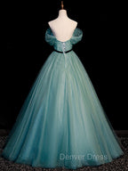 Green A Line Tulle Sequin Long Prom Dress, Green Tulle Graduation Dresses