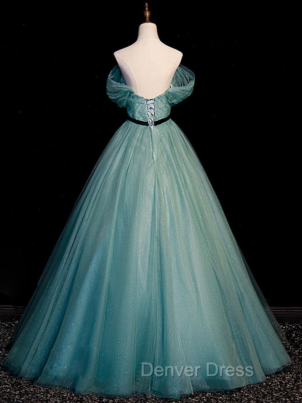 Green A Line Tulle Sequin Long Prom Dress, Green Tulle Graduation Dresses