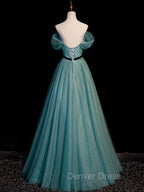 Green A line Tulle Sequin Long Prom Dresses, Green Tulle Graduation Dresses