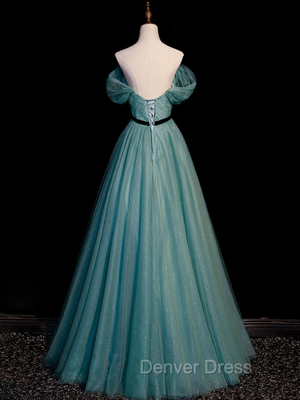 Green A line Tulle Sequin Long Prom Dresses, Green Tulle Graduation Dresses