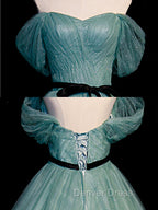 Green A line Tulle Sequin Long Prom Dresses, Green Tulle Graduation Dresses