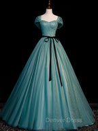 Green A line Tulle Sequin Long Prom Dresses, Green Tulle Graduation Dresses