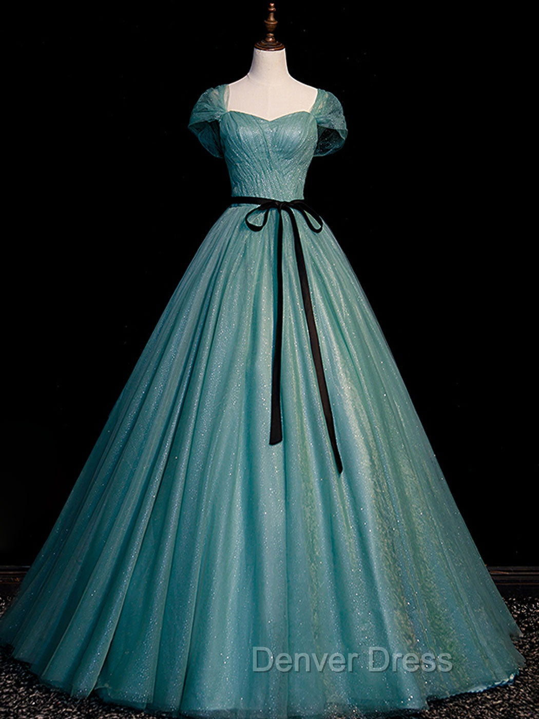 Green A line Tulle Sequin Long Prom Dresses, Green Tulle Graduation Dresses