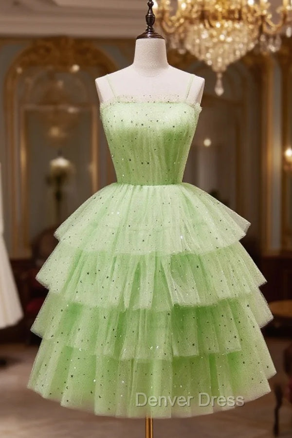 Green A-Line Tulle Short Prom Dresses, Green Homecoming Dresses Main image