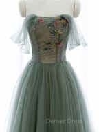 Green A-line Tulle with Lace Applique Long Formal Dresses, Green Prom Dresses