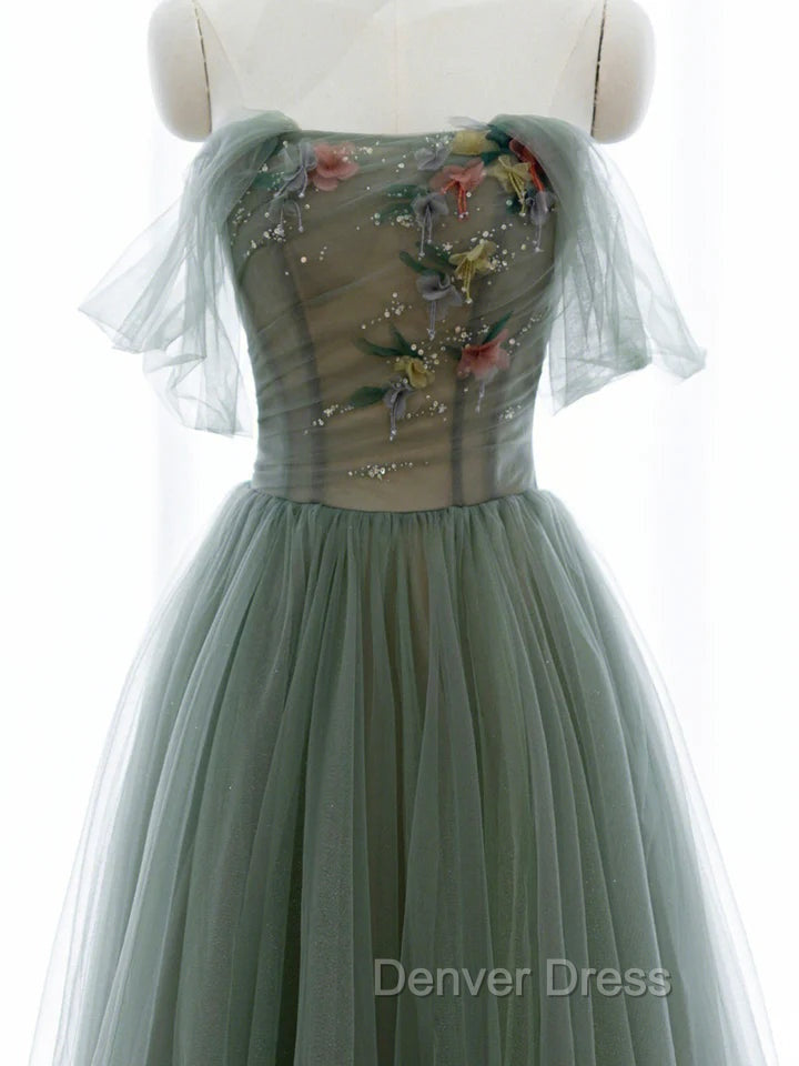 Green A-line Tulle with Lace Applique Long Formal Dresses, Green Prom Dresses