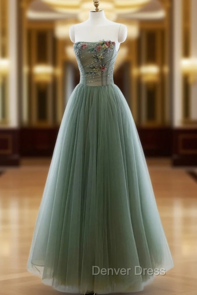 Green A-line Tulle with Lace Applique Long Formal Dresses, Green Prom Dresses Main image