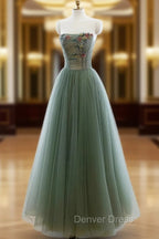 Green A-line Tulle with Lace Applique Long Formal Dresses, Green Prom Dresses