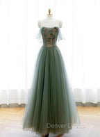 Green A-line Tulle with Lace Applique Long Formal Dresses, Green Prom Dresses