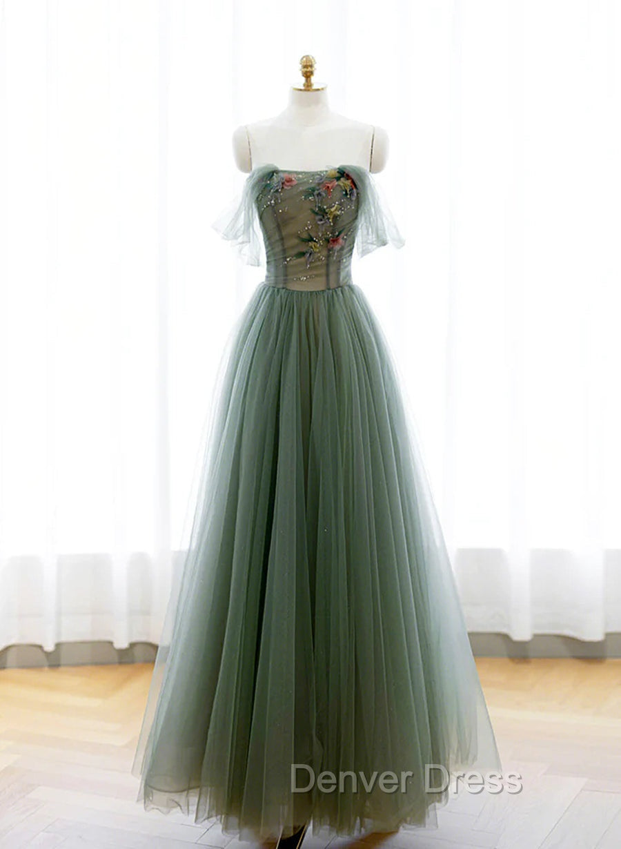 Green A-line Tulle with Lace Applique Long Formal Dresses, Green Prom Dresses