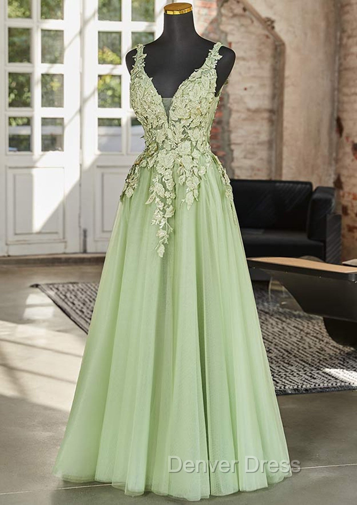 Green A-line V-neckline Tulle with Lace Long Party Dresses, Green Tulle Prom Dresses Secondary image