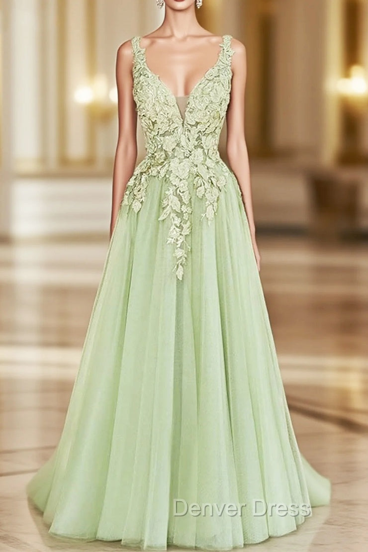 Green A-line V-neckline Tulle with Lace Long Party Dresses, Green Tulle Prom Dresses Main image