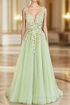 Green A-line V-neckline Tulle with Lace Long Party Dresses, Green Tulle Prom Dresses