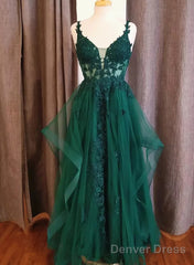 Green A-Line V-Neckline Tulle With Lace Prom Dress, Green Tulle Evening Dress
