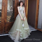 Green And Pink Tulle Long V-Neckline Long Evening Dress Party Dress, Sweet 16 Formal Dreses