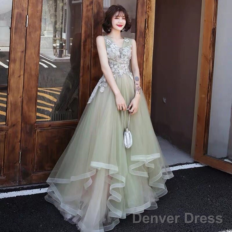 Green And Pink Tulle Long V-Neckline Long Evening Dress Party Dress, Sweet 16 Formal Dreses
