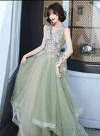 Green And Pink Tulle Long V-Neckline Long Evening Dress Party Dress, Sweet 16 Formal Dreses