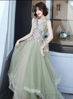 Green And Pink Tulle Long V-Neckline Long Prom Dress, Sweet 16 Prom Dreses