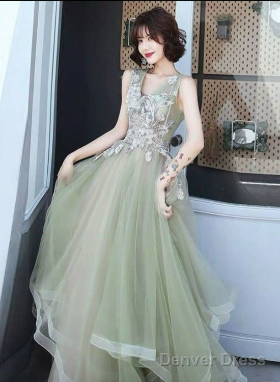 Green And Pink Tulle Long V-Neckline Long Prom Dress, Sweet 16 Prom Dreses