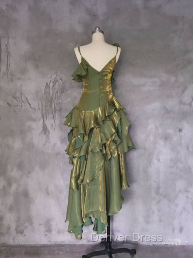 Green Asymmetrical Layered Flounce Spaghetti Strap Dresses Evening Gown Secondary image