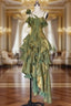 Green Asymmetrical Layered Flounce Spaghetti Strap Dresses Evening Gown