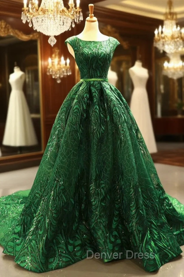 Green Ball Gown Lace Sequins Backless Cap Sleeve Prom Dresses Main image