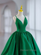 Green Ball Gown Satin Short Prom Dresses, Green Satin Evening Dresses