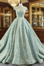 Green Ball Gown Sequins Cap Sleeve Backless Luxury Prom Dresses