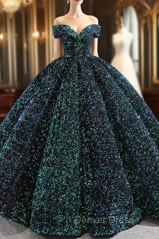 Green Ball Gown Sequins Off the Shoulder Luxury Prom Dresses