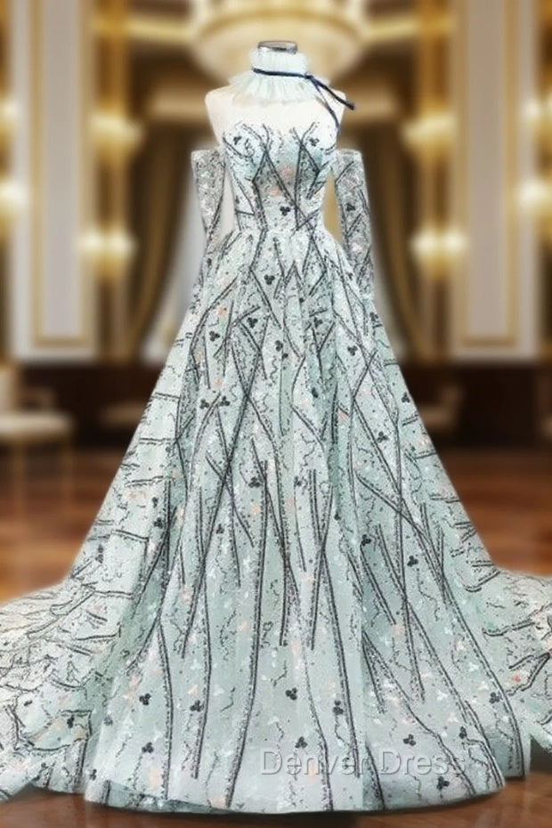 Green Ball Gown Sequins Sweetheart Long Sleeve Embroidery Prom Dresses