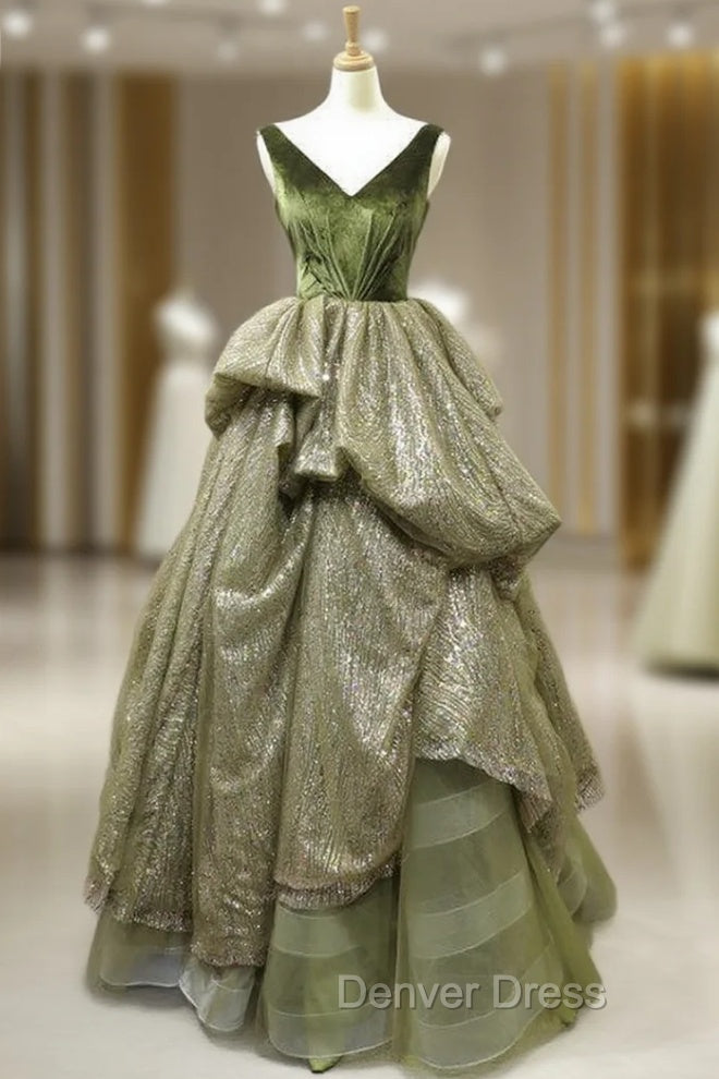 Green Ball Gown Sequins V-neck Backless Luxury Prom Dresses Main image