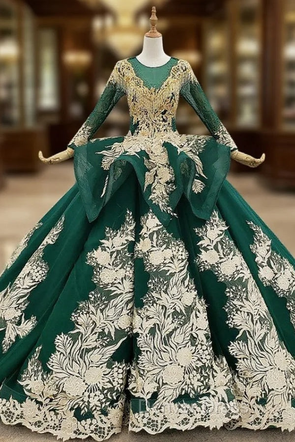 Green Ball Gowns Tulle Appliques Backless Long Sleeve Beading Wedding Dresses Main image
