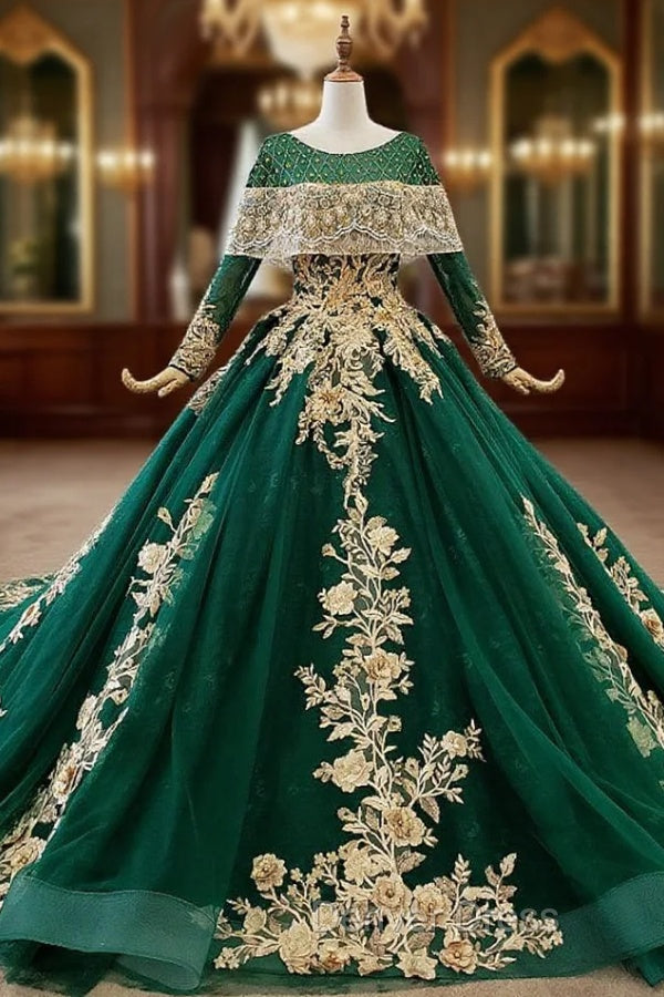 Green Ball Gown Tulle Appliques Beading Sequins Wedding Dresses