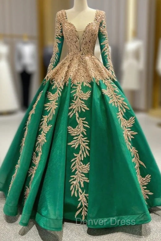 Green Ball Gown Tulle Gold Sequins Appliques V-neck Prom Dresses Main image