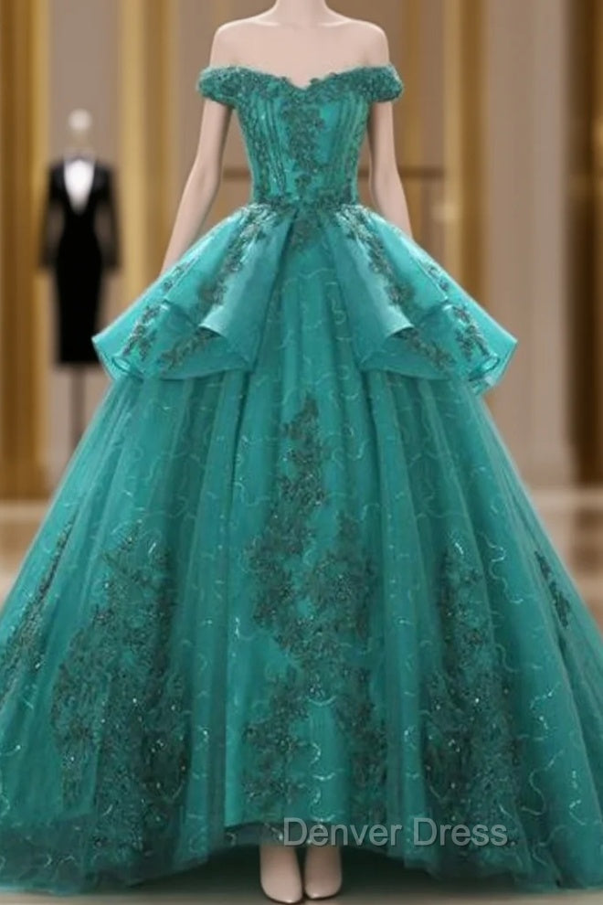 Green Ball Gown Tulle Lace Layered Off The Shoulder Quinceanera Dresses Main image