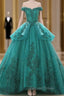 Green Ball Gown Tulle Lace Layered Off The Shoulder Quinceanera Dresses
