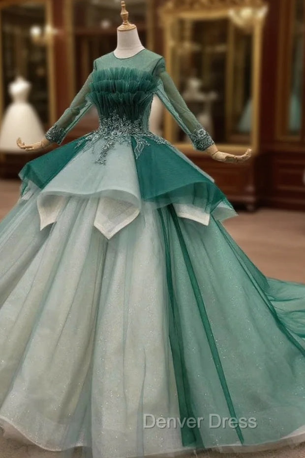 Green Ball Gown Tulle Long Sleeve Beading Wedding Dresses