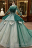 Green Ball Gown Tulle Long Sleeve Beading Wedding Dresses