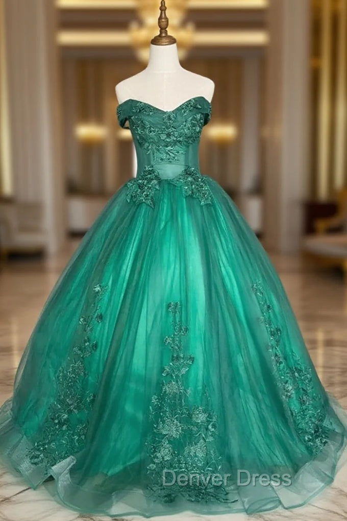 Green Ball Gowns Tulle Off Shoulder with Lace Applique, Green Sweet 16 Dress Prom Dresses Main image