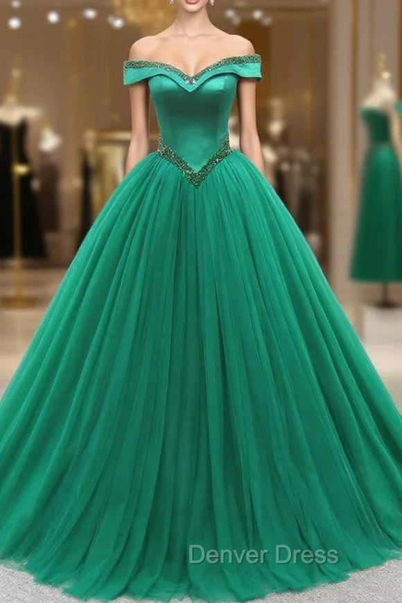 Green Ball Gown Tulle Off the Shoulder Beading Prom Dresses Main image
