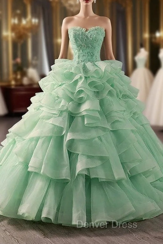 Green Ball Gown Tulle Strapless Tiers Prom Dresses